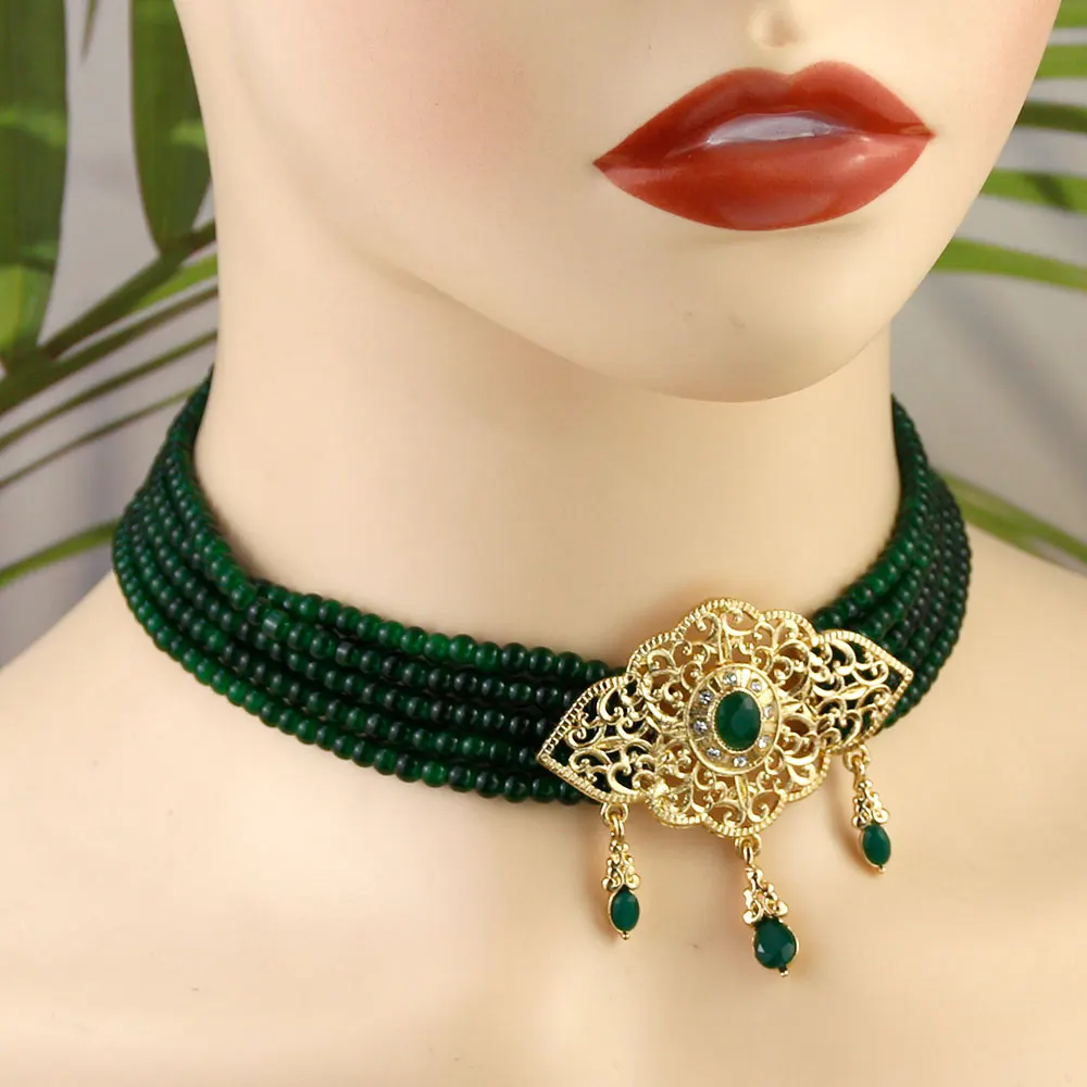 Sunspicems Ethnic Beads Necklace for Women Jade Color Chain Gold Plating Pandant Moroccan Choker Necklace Bridal Wedding Jewelry