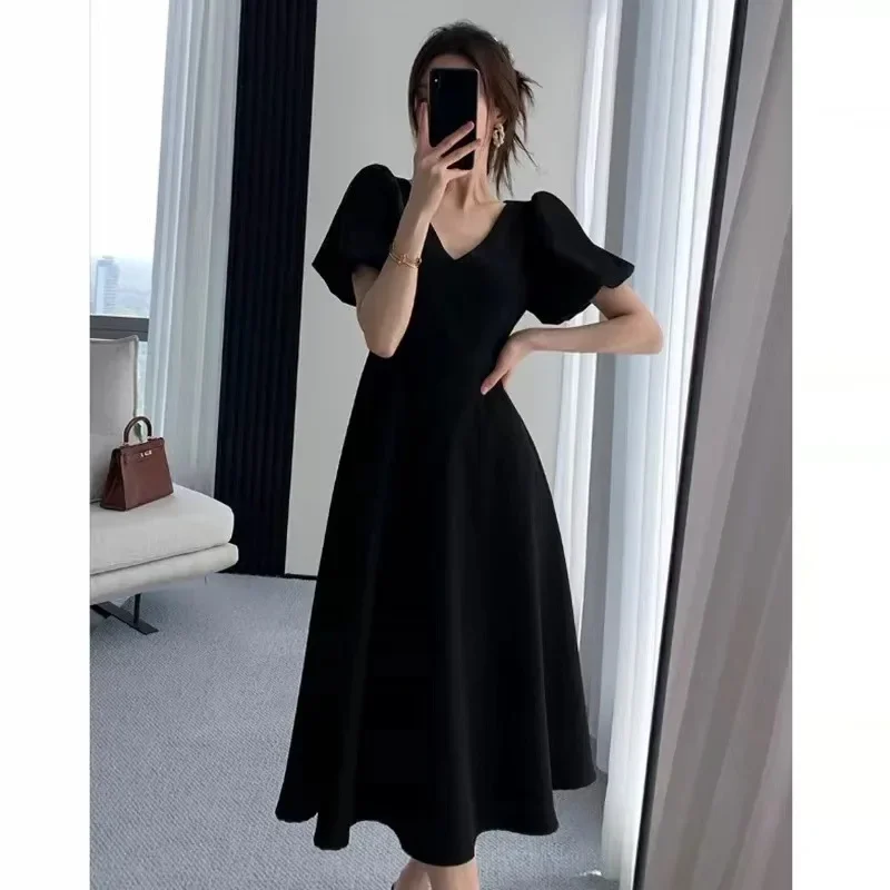 Vestido longo elegante para mulheres 2022 verão novo estilo francês redução de idade com decote em v manga bufante vestido vermelho