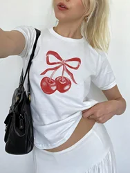 Bow Cherry printed T-shirt cute sweet women's top tee fashionable Versatile round neck short sleeved youth girl clothing 2024