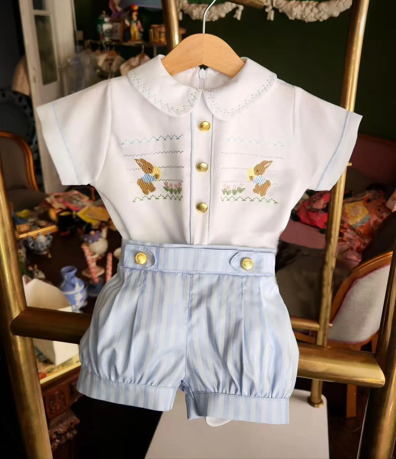 

0-6Y Boy Summer Rabbit Embroidery Blue Stripe Outfit Suit for Party Birthday Holiday Photography B391