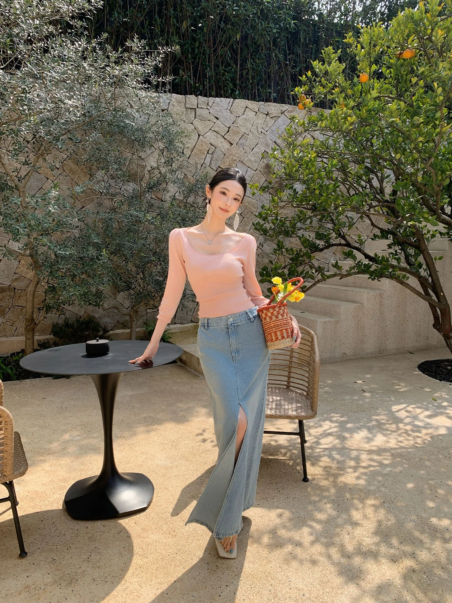 

Юбка А-силуэта с высокой талией, джинсовая, с разрезом, в ретро-стиле, женская, из смесового хлопка, ALIN Dan Ning, юбка-полусолнце