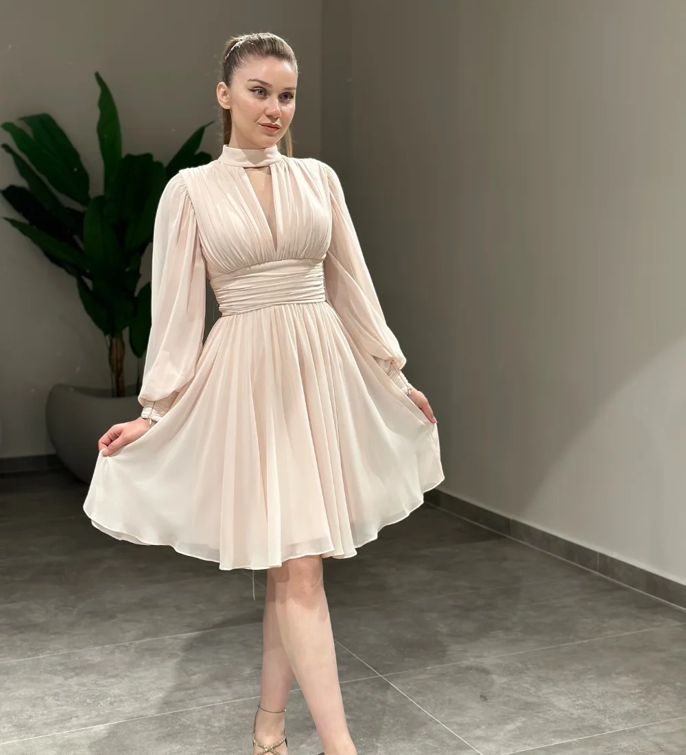 

High Quality Chiffon Pleat A-line High Collar Knee Length Dresses Prom Dresses Formal Modern Style Classic Elegant Matching