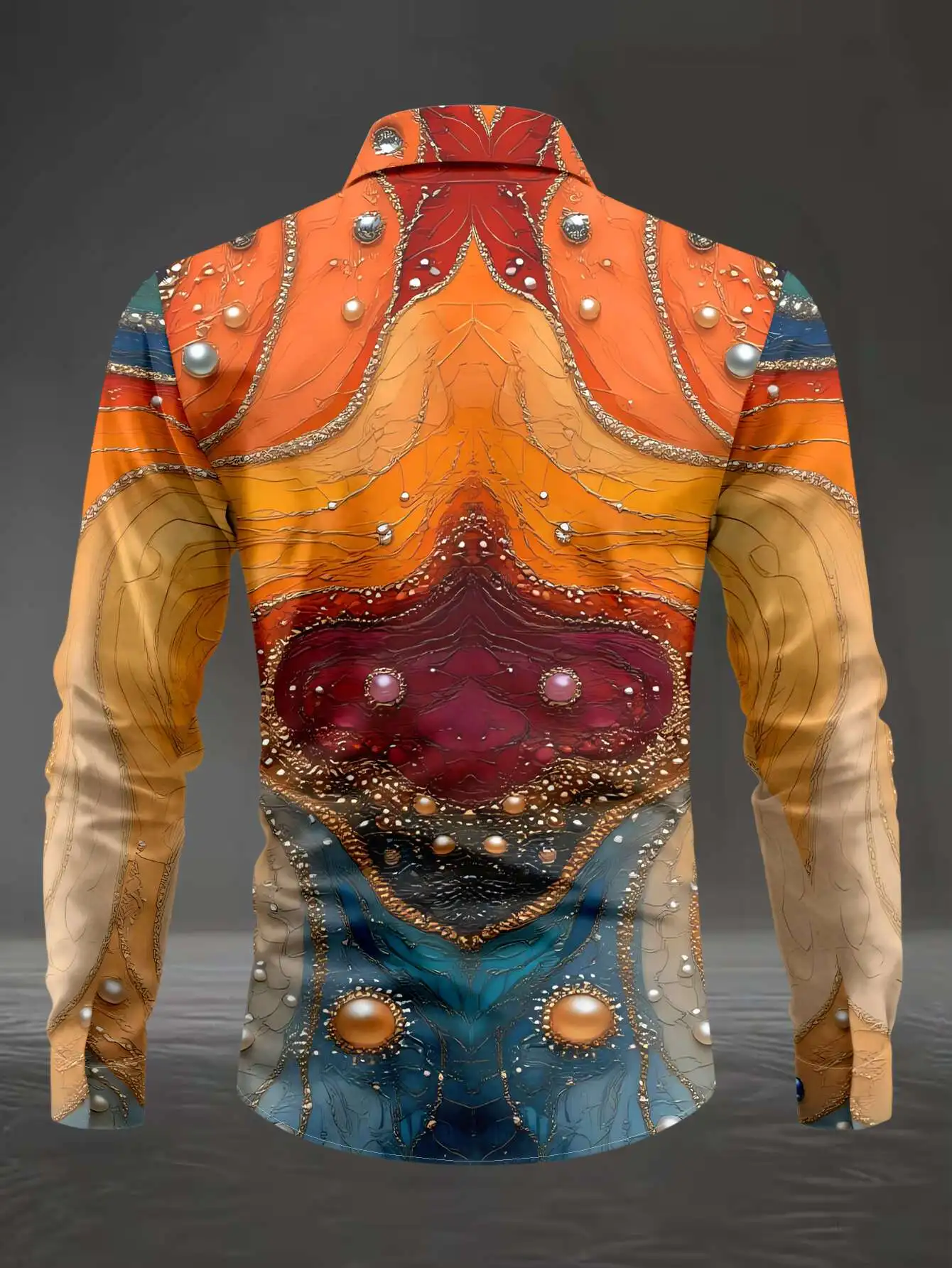 Men Vintage Gem Ornate Print Long Sleeve Shirt Turn‑Down Collar Button‑Up Polyester Party Stage Dress Blouse
