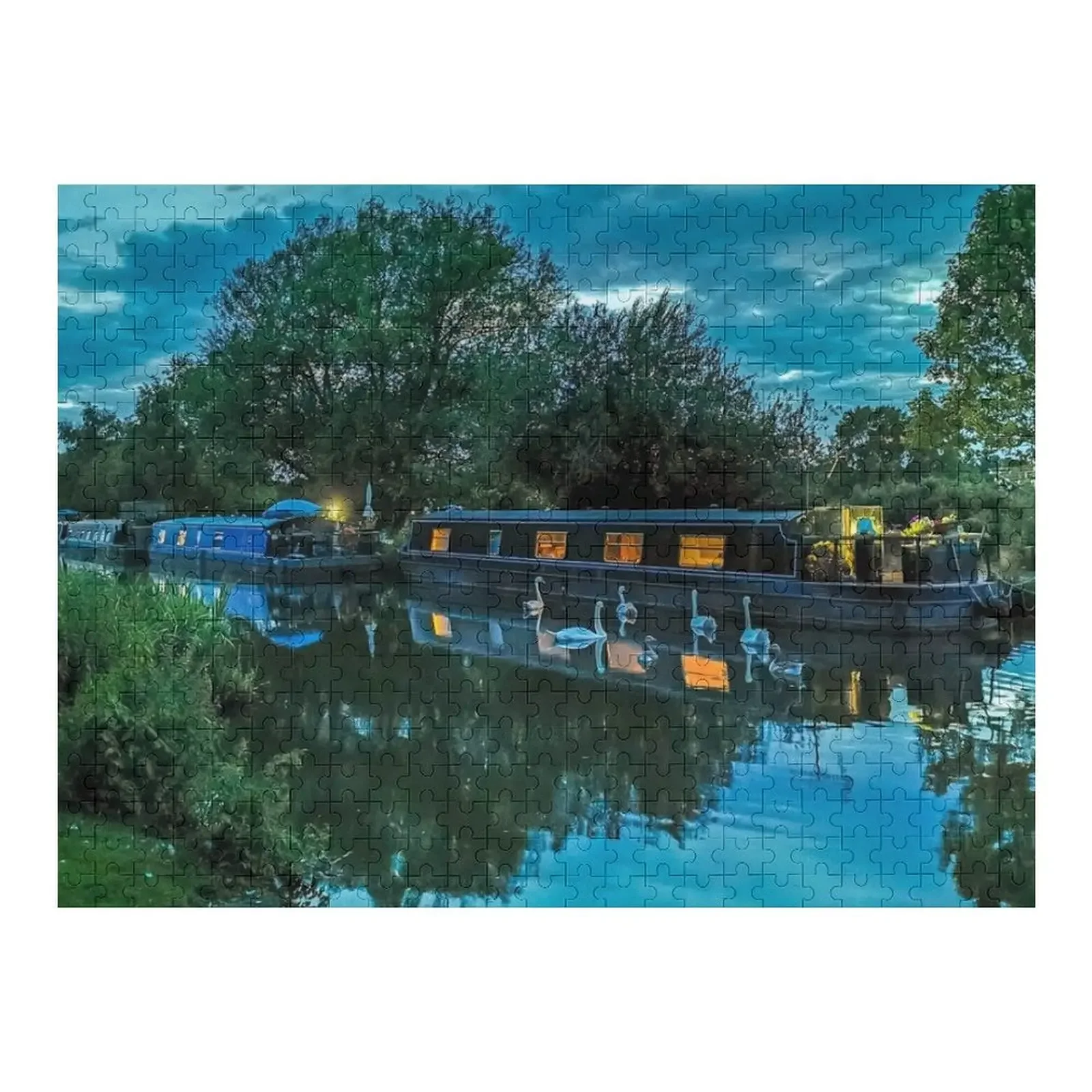 

Houseboats at Dusk, Kennet Canal, River Thames, England. Jigsaw Puzzle Personalized Gift Wooden Name Custom Personalized Puzzle