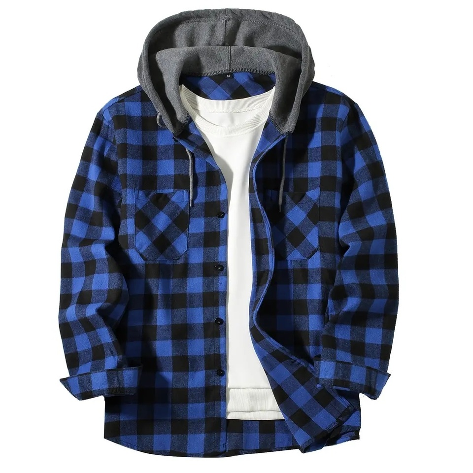  Men's Shirts Classic Plaid Casual Button Down Hooded Long Sleeved Double Pockets Shirt Hoodie Flannel Jacket Spring Autumn Tops 