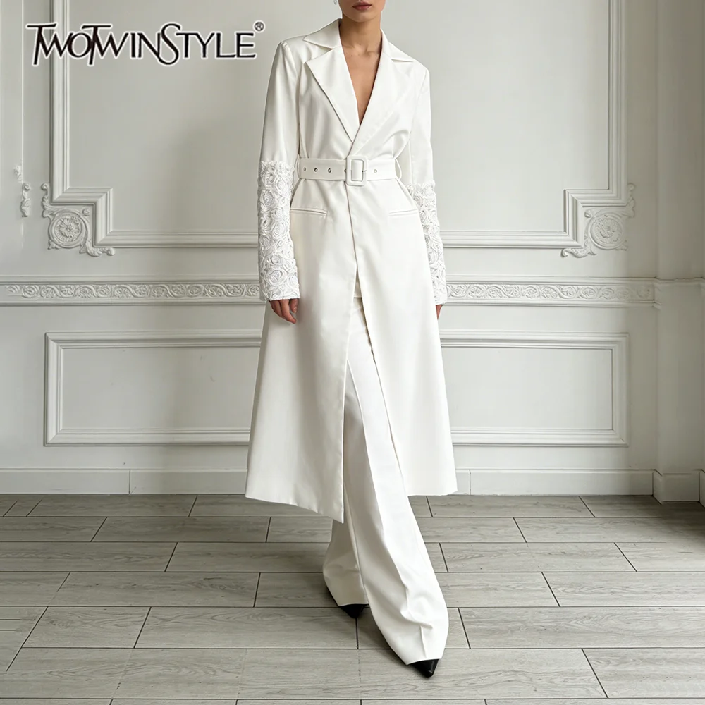 

TWOTWINSTYLE White Spliced Sashes Chic Jacket Female Lapel Long Sleeve Loose Minimalist Office Women's Jackets Autumn Fashion
