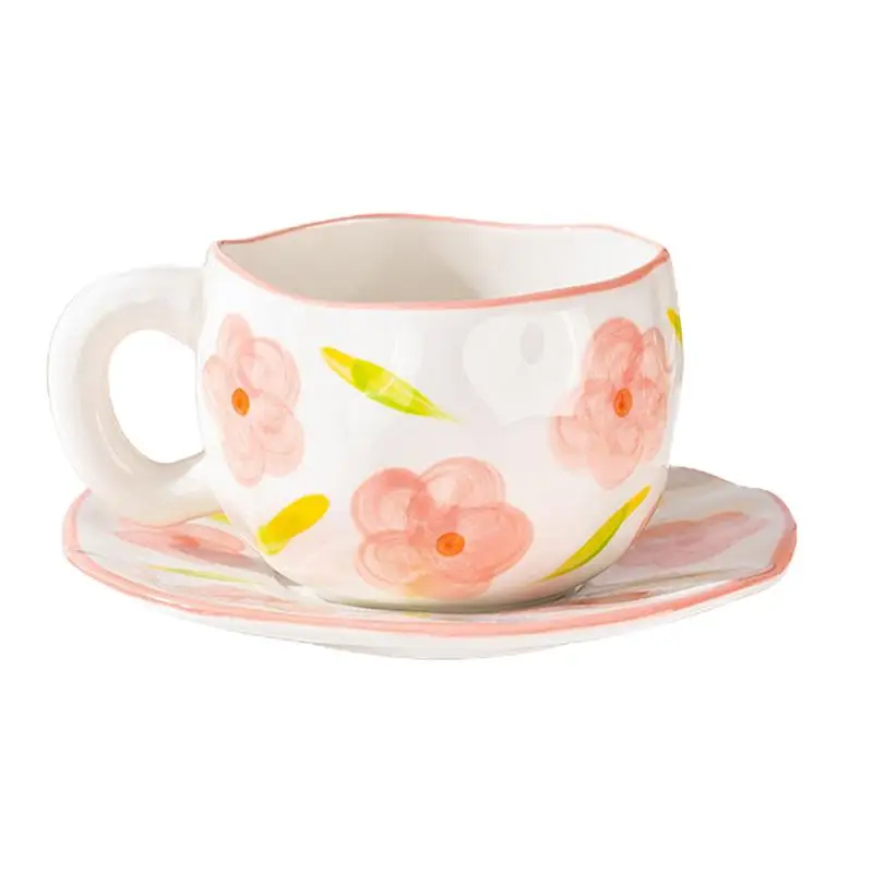 Flower Coffee Mug With Saucer Irregular Shape Cup & Saucer Sets Flower Coffee Mug Wide Cup Body Elegant Mug Sets