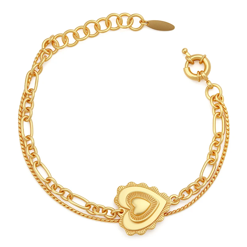 VAROLE Unique Design Ruffled Heart Double Strand Bracelet Fashionable Statement Gold Plated NK Chain Two Layer Bracelet Jewelry