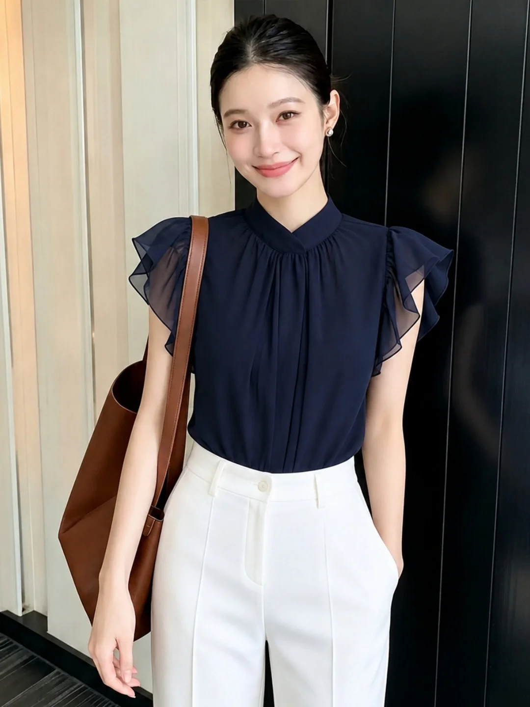 

Elegant Summer Fashionable Women's Chiffon Shirt Design Sensation Fly Sleeve New Style Commute Korean Version Straight Cut