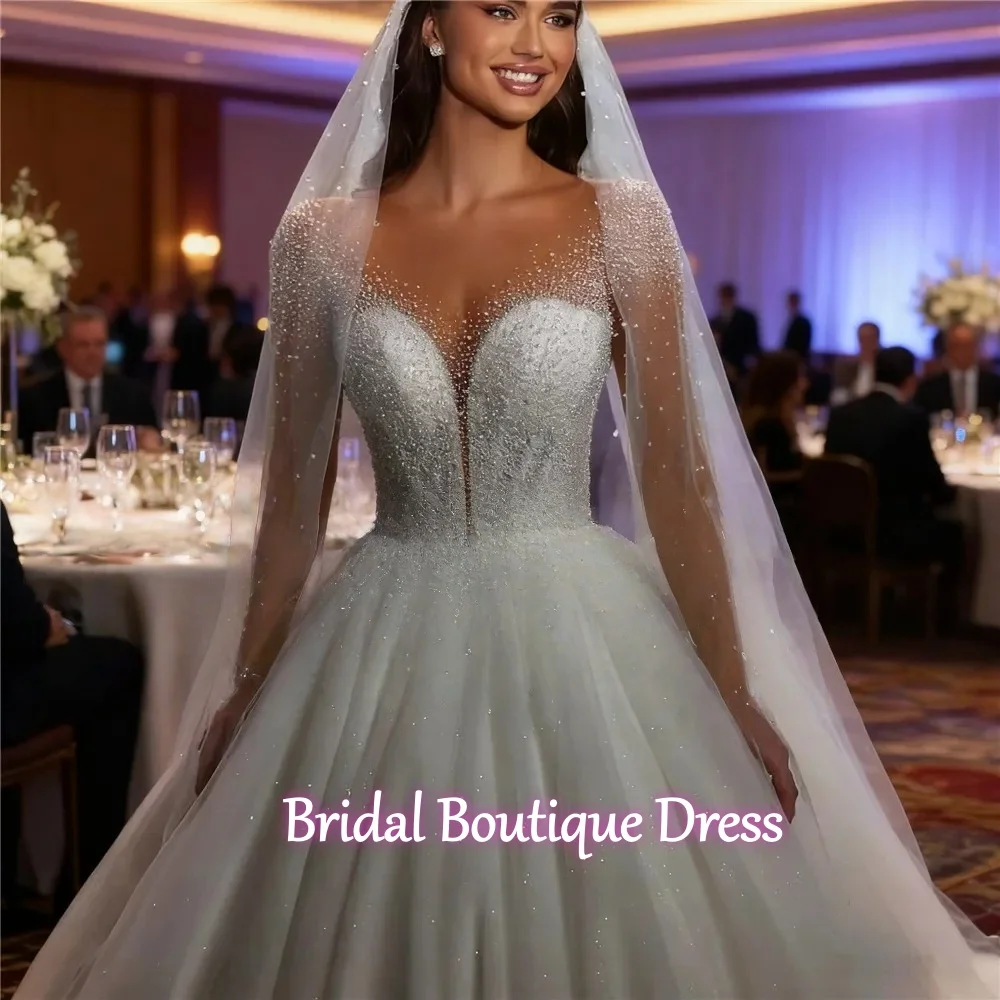 Customized Exquisite Ball Gown Wedding Dresses Full Sleeves Glitter Tulle Pearls Beaded     Bridal Gowns vestidos de novia