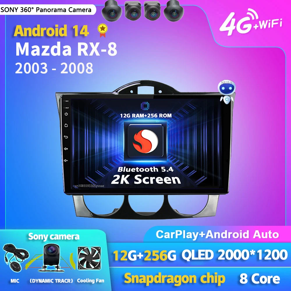 

Android 14 Carplay Auto 2K Screen Car Radio BT Multimedia Player For Mazda RX-8 2003 - 2008 Autoradio GPS Stereo 2 din Head Unit