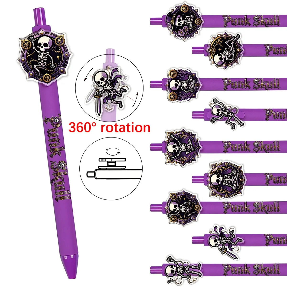

9pcs/12pcs Skeleton Punk Halloween Day Rotating Ballpoint Pens Student Writing Pens Stress Relief Stationery for Festive Use