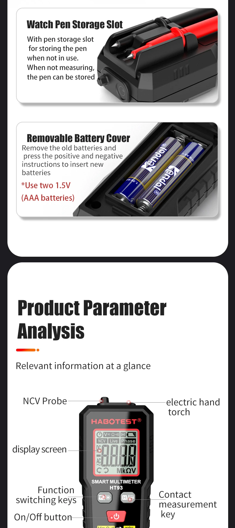 HABOTEST DC Voltage Tester Detector Multimeter 2000 Display Non-Contact Electric Pen Dual Range Live Wire Test Ohm Hz NCV Meter