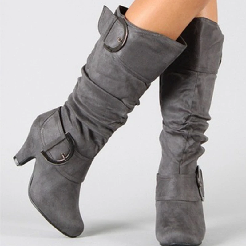 REAVE CAT 2021 Knee High Boots Autumn Faux Suede Wide Pleated Slouchy Buckle 5cm Spike Heels Size 35-43 Grey A4370