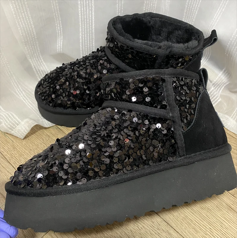 

HQF UG Hot Winter Ultra Mini 4CM Platform Snow Boots Black Bling Sequined Cloth Wool Lined Women Fashion Boots Plus Size35-46