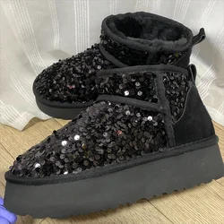 HQF UG Hot Winter Ultra Mini 4CM Platform Snow Boots Black Bling Sequined Cloth Wool Lined Women Fashion Boots Plus Size35-46