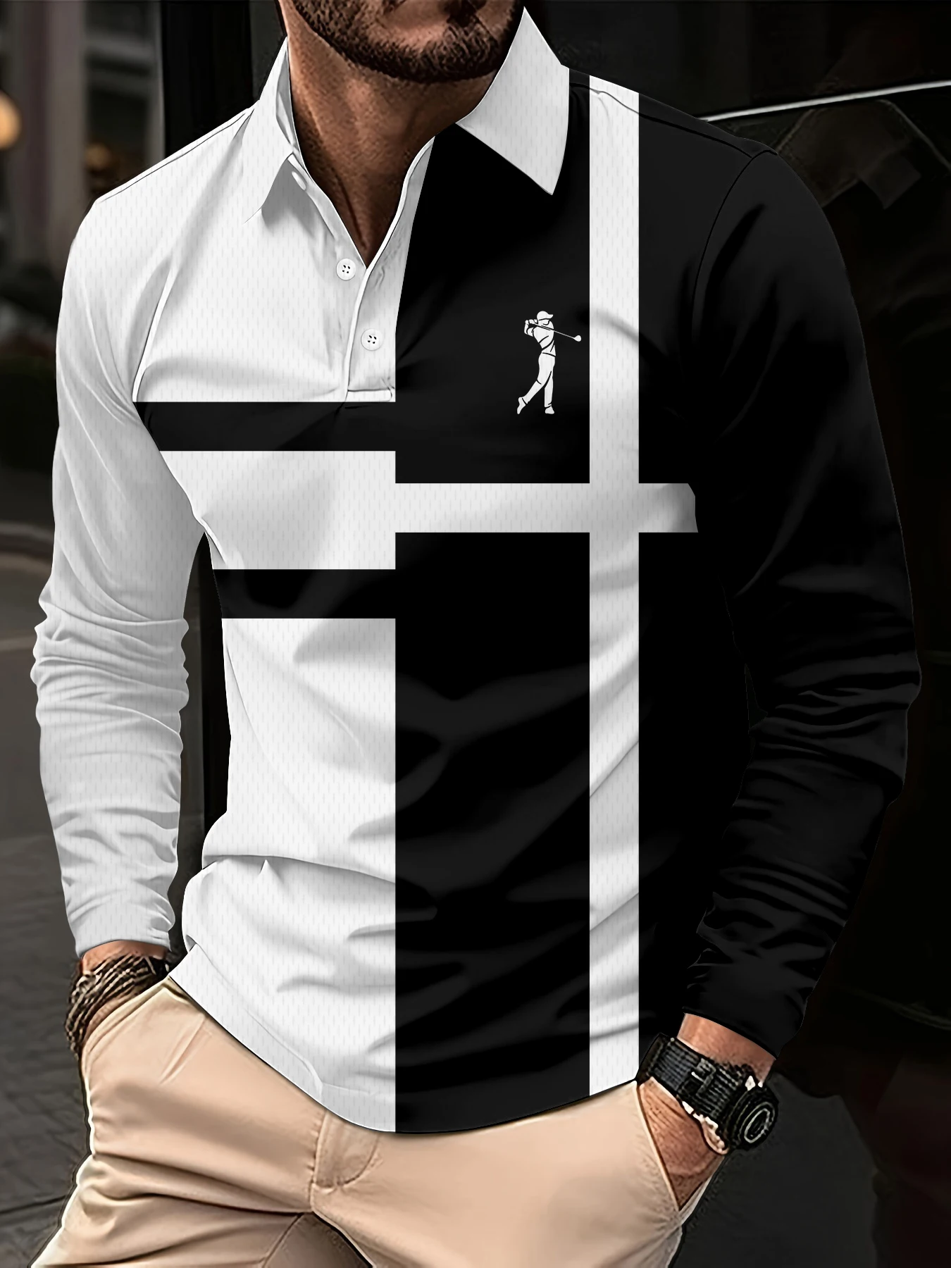 

Print Color Block Polo Shirts For Men Fashion Simple Design Long Sleeve Pullover Autumn Winter Outdoor Urban Business Clothes