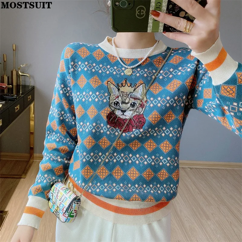 Argyle Kitty Embroidered Sweater Jumpers Women Vintage Stylish Fashion Loose Pullover Tops Long Sleeve O-neck Chic Knitwear 2023