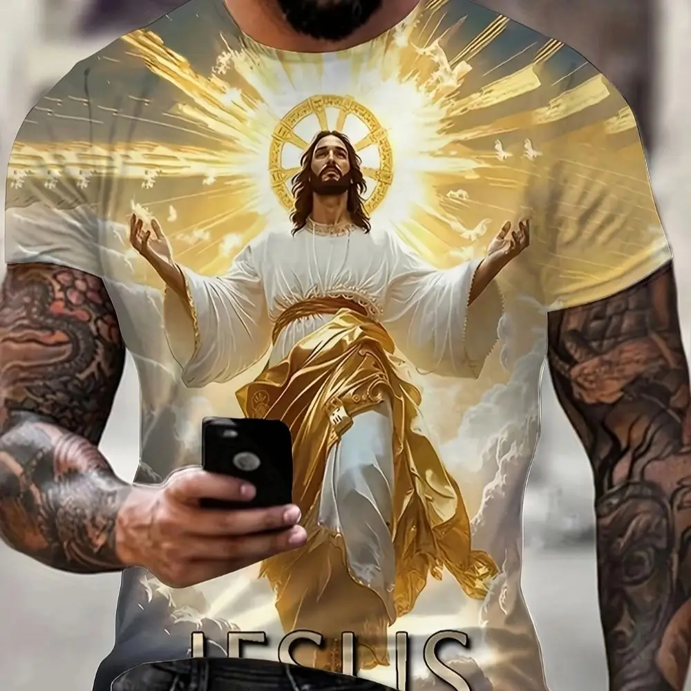 تي شيرت يسوع مطبوع ثلاثي الأبعاد للرجال كاجوال برقبة دائرية نمط صيفي خفيف الوزن وجيد التهوية قميص بطابع الكتاب المقدس ملابس مسيحية