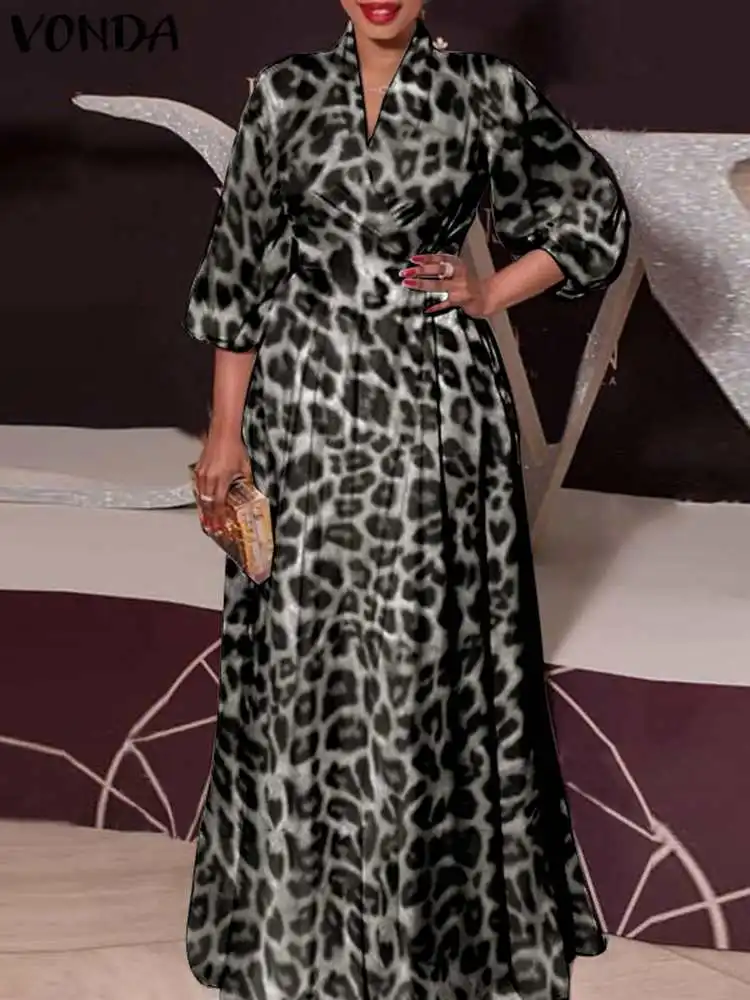 Elegant Dress Bohemian Women Leopard Print Dress VONDA 2023 Long Lantern Sleeve Loose V Neck Casual Party Robe Femme