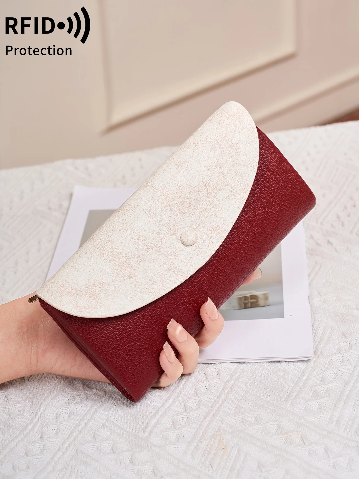 RFID anti theft women's purse fashionable contrast color lychee pattern coin purse double zipper large bill and credit card slot