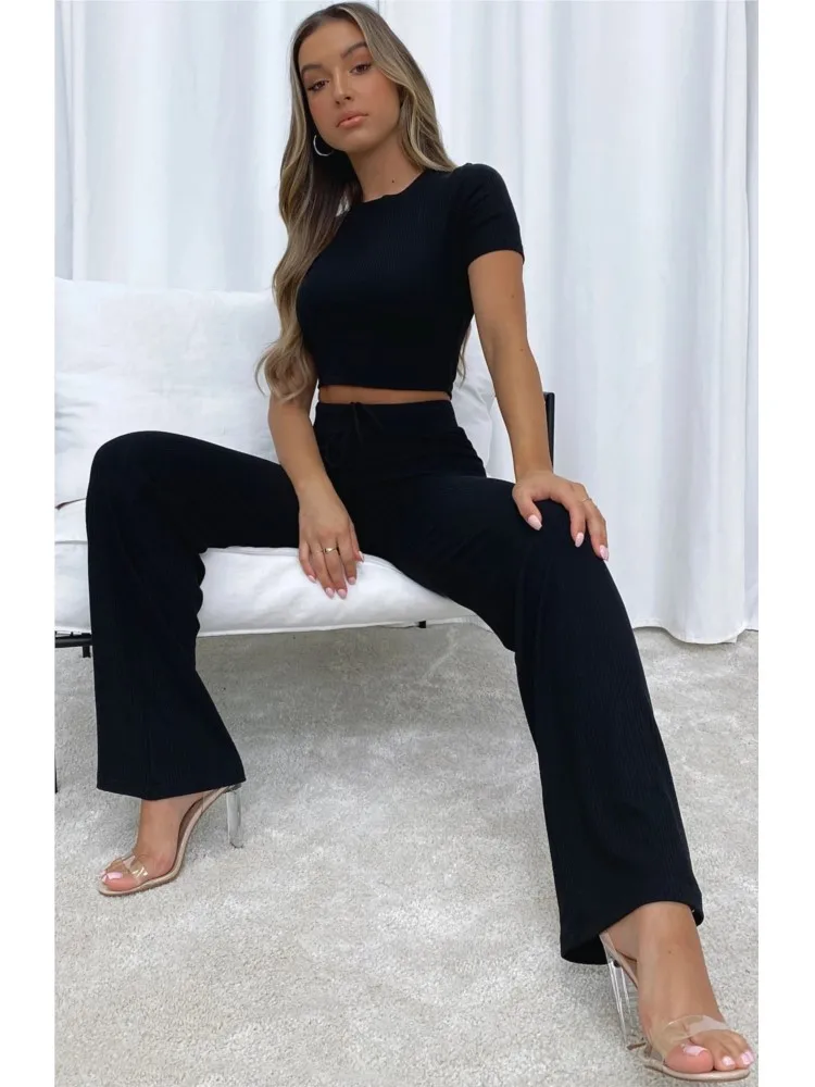 Women\'s short sleeve+long pants two-piece set Casual Women Solid Sexy Open Umbilium Chic Slim Fit Pants Set 2 Piece Set Women