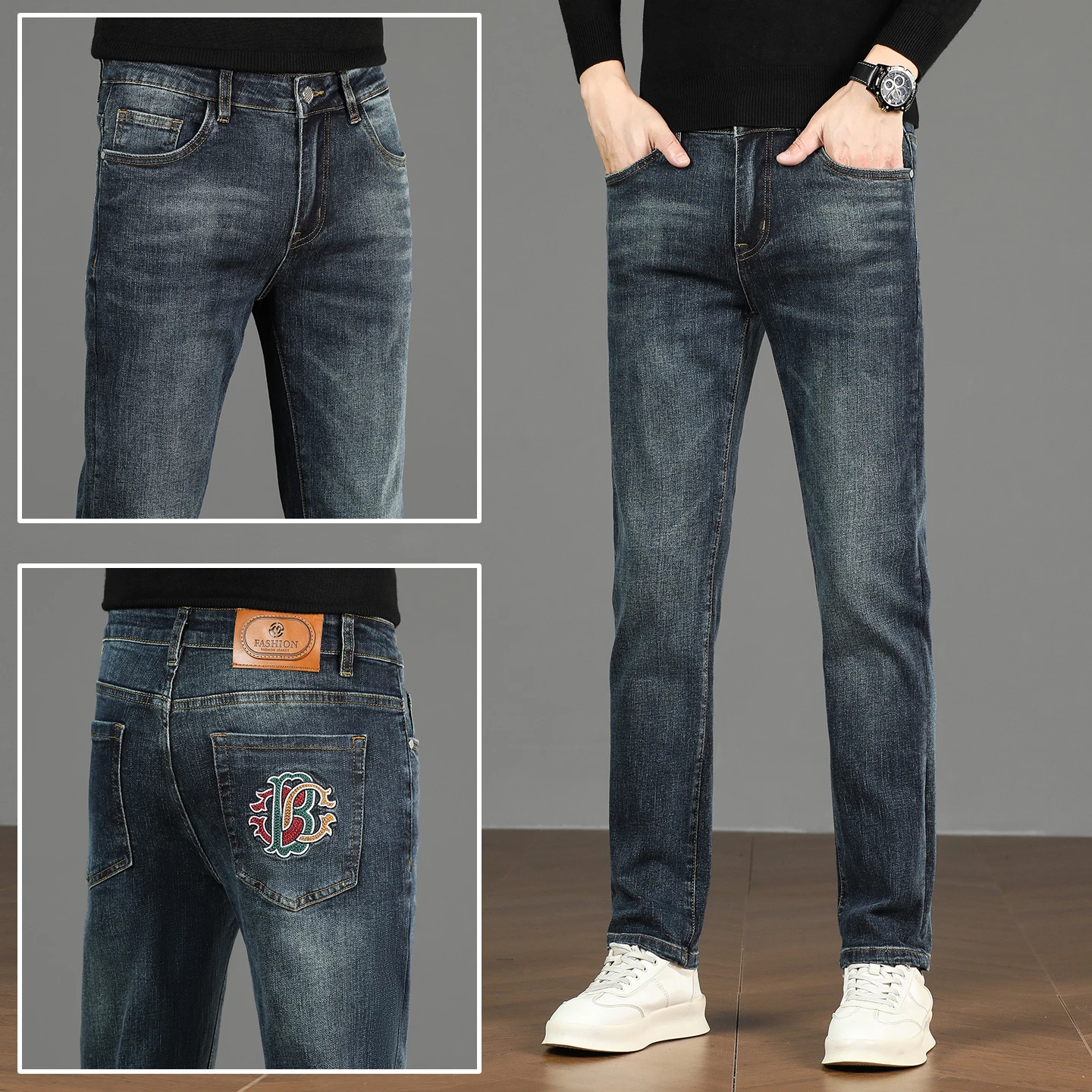 

Новые весенние мужские джинсы: эластичные, повседневные, деловые, европейский модный бренд, универсальные длинные брюки с низкой посадкой и шнурком