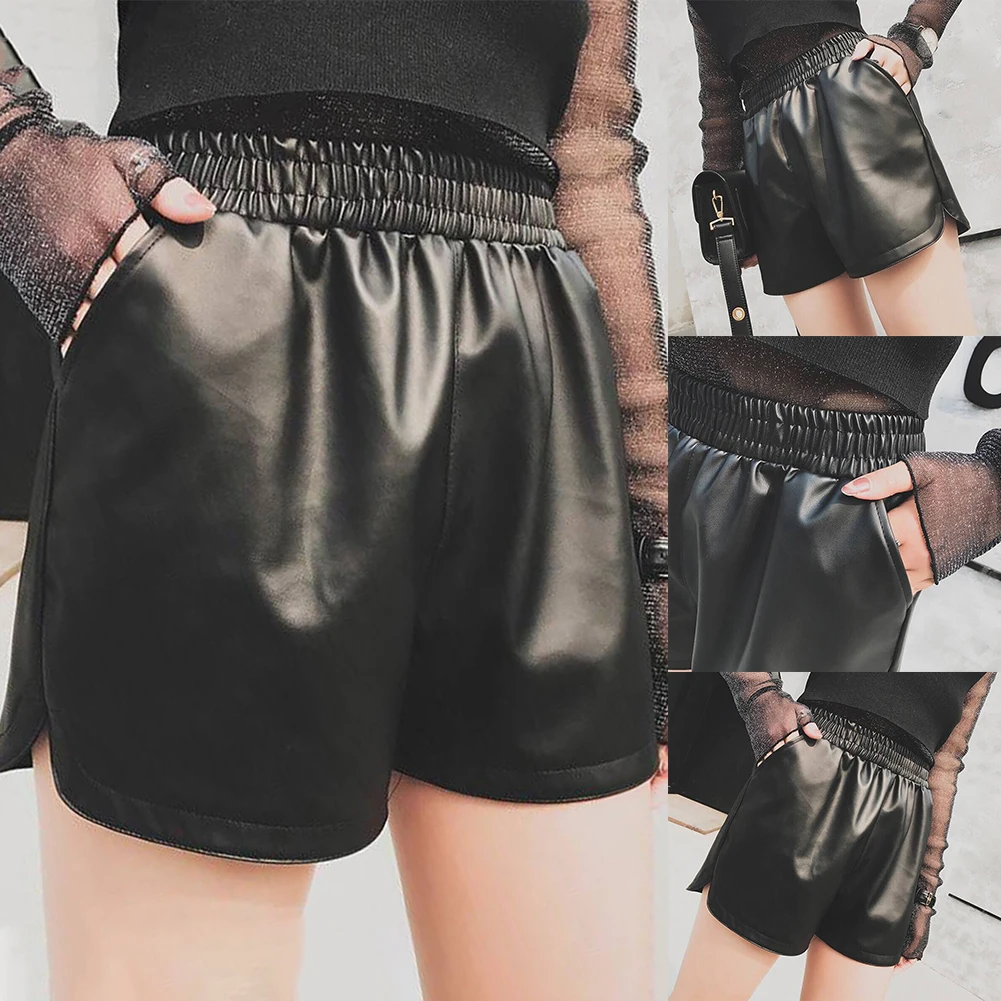 กางเกงขากว้างสำหรับผู้หญิง, กางเกงเอวสูงทรงหลวมกางเกงขาสั้นหนัง PU