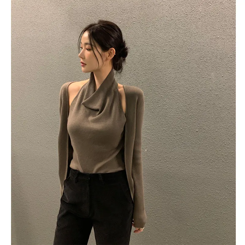 

Women's Knitted Open Cardigan Shoulder Bared Long Sleeve Neckline Design Spring New Style Commute Style Color Full Length
