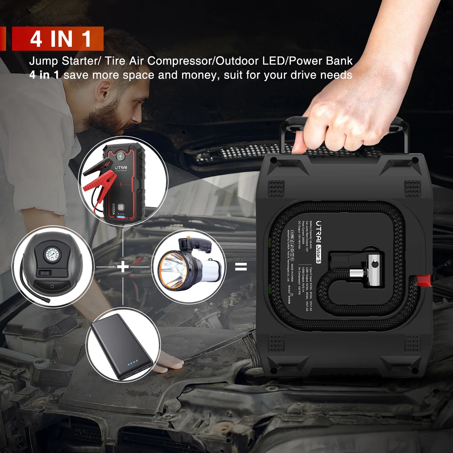 Portable Jump Starter with Air Compressor 2000A Power Bank Tire Inflator Pump 12V Starting Device Car Booster ODM