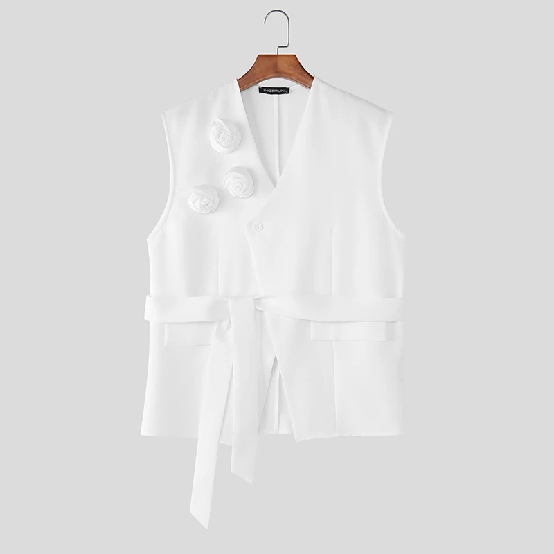 

INCERUN мужские жилеты с цветочным принтом, однотонные мужские жилеты без рукавов с v-образным вырезом на шнуровке, уличная одежда, 2025 г., модные повседневные жилеты в корейском стиле