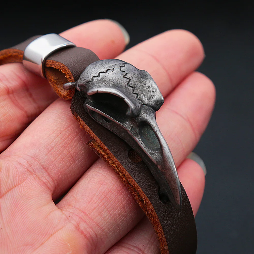 Vintage Stainless Steel Nordic Odin Crow Skull Bracelet Men Fashion Punk Adjustable Leather Viking Bracelet Biker Jewelry Gift