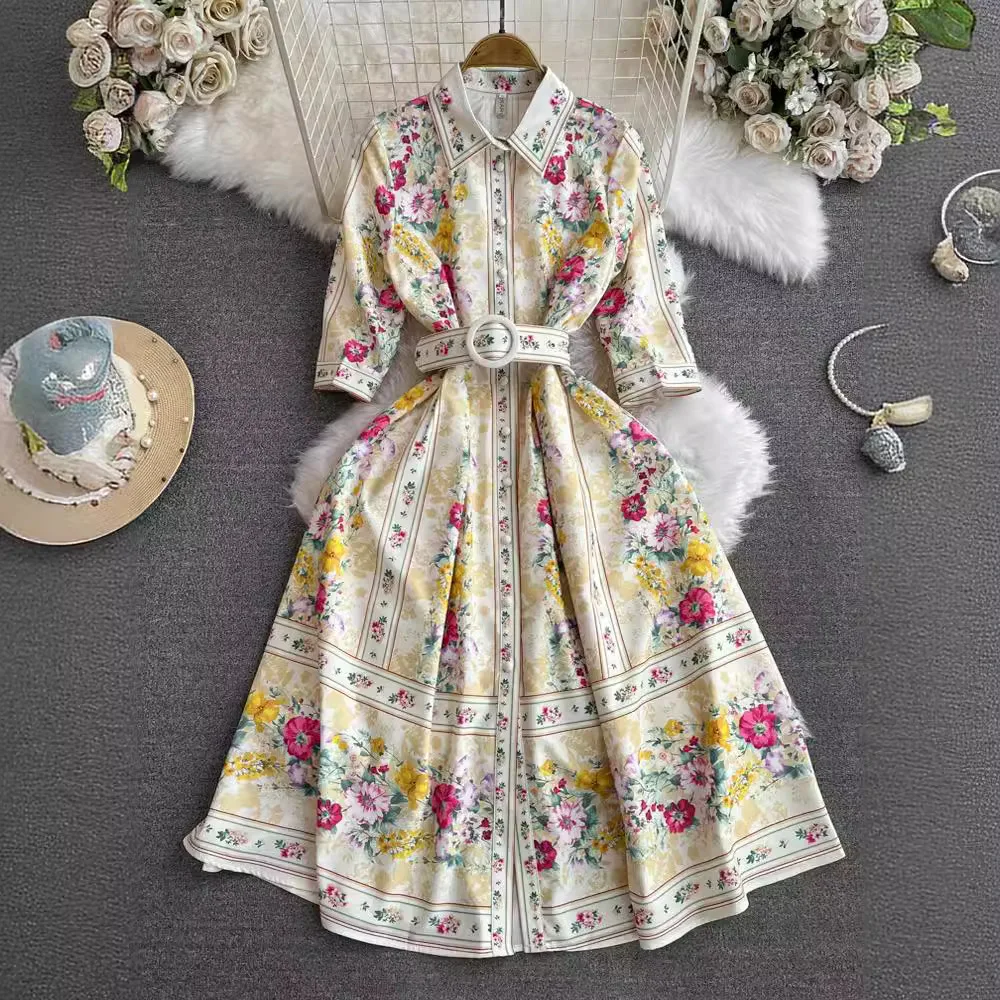 Bohemian Style Party Dress Women Lapel Short Sleeved Printed Floral Dresses Ladies Spring Summer Elegant Slim A-line Midi Robe