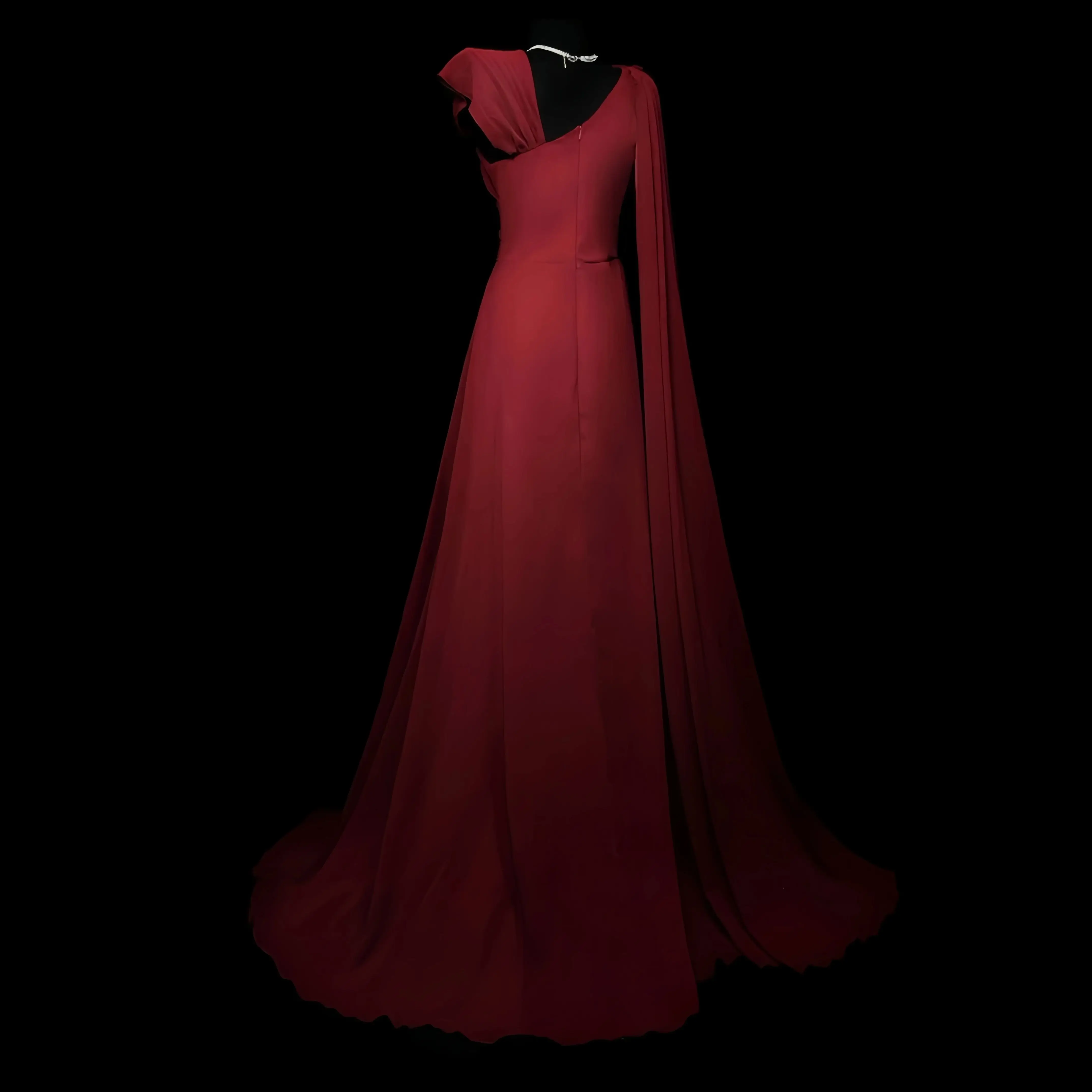 럭셔리 신상 이브닝 드레스 딥 레드 싱글 숄더 롱 드레스 불규칙 주름 벨트 디자인 여성 연회복
