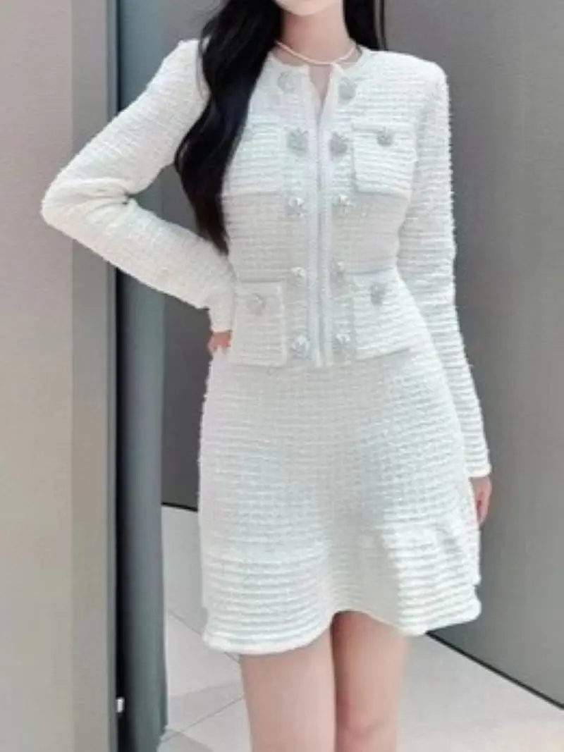 Women Ruffles White Knitted Dress Autumn 2024 Double Breasted Round Neck Long Sleeve Elegant Female Mini Robe