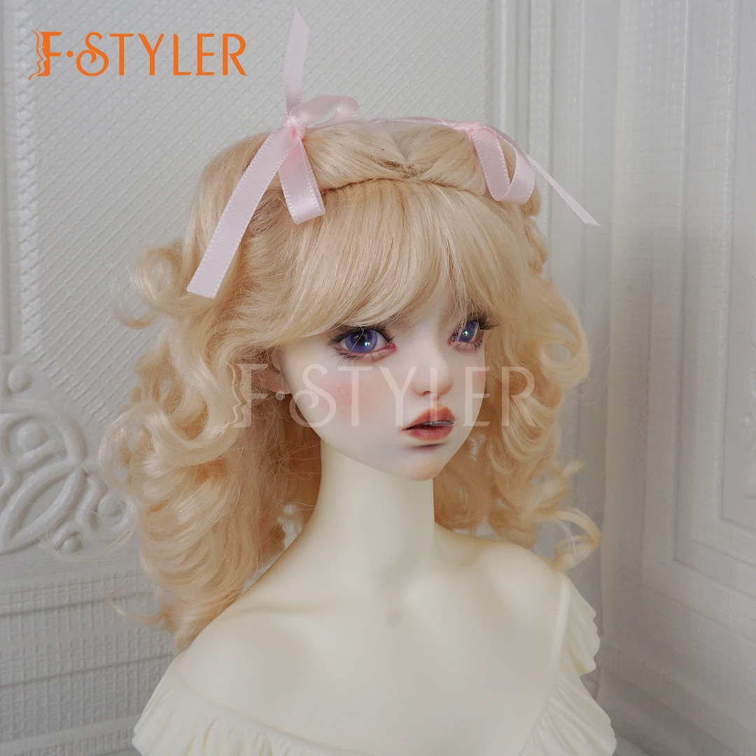FStyler Mohair Doll Wig for BJD Fluffy Wavy Curly Wig with Bangs Gold Color Brown 5-6 Inch Head Toys Dolls Diy Accessories