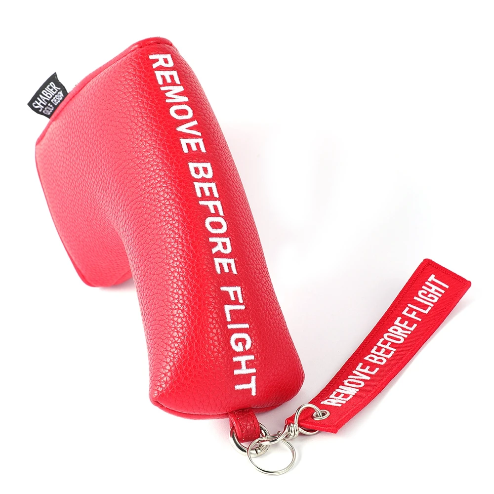 

Red Soft PU Synthetic Leather Remove Before Flight Embroidery Golf Headcover Large Mallet Blade Putter Cover