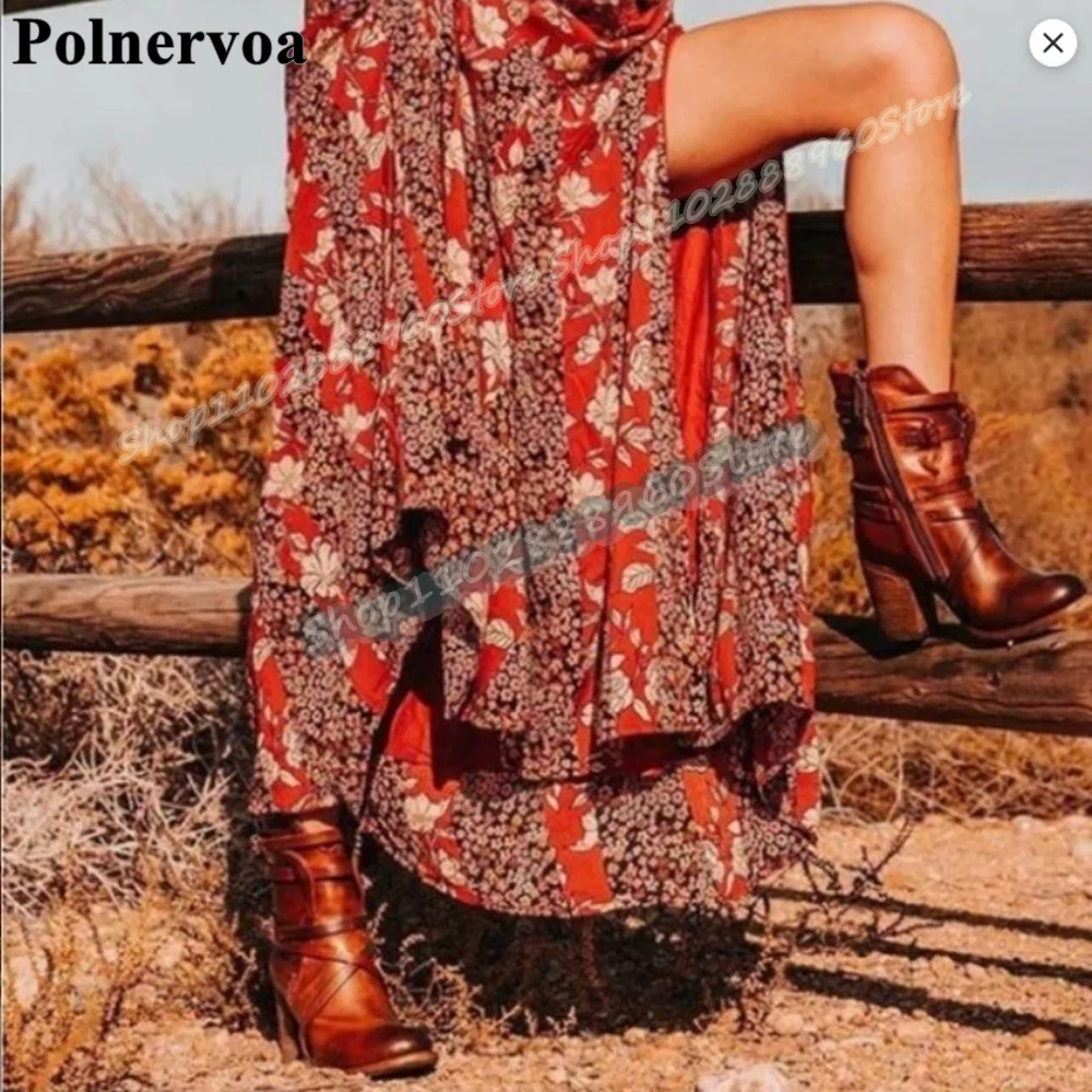 Handmade Brown Buckle Strappy Leather Ankle Boots Thick Heel Women Shoes Side Zipper Round Toe Casual Stylish Zapatos Para Mujer