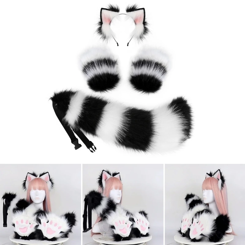 652F  Cat Cosplay Costume Set for Women Plush Ear Headband/Tail/Paw Gloves Halloween Party Animation Props Role Play Suit