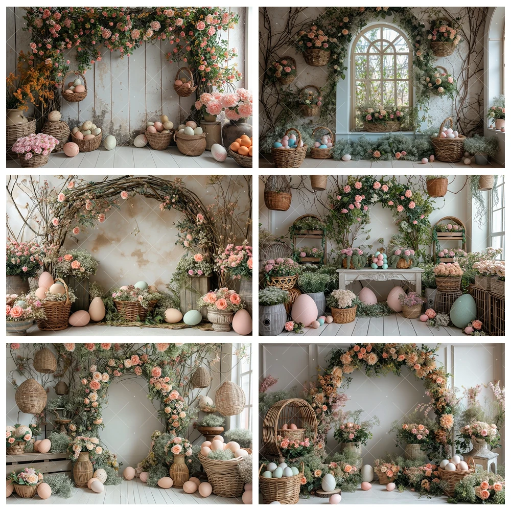 

Spring Easter Themed Photography Background Custom Bohemian Flower Arch Egg Children Birthday Party Portrait Decoration Props