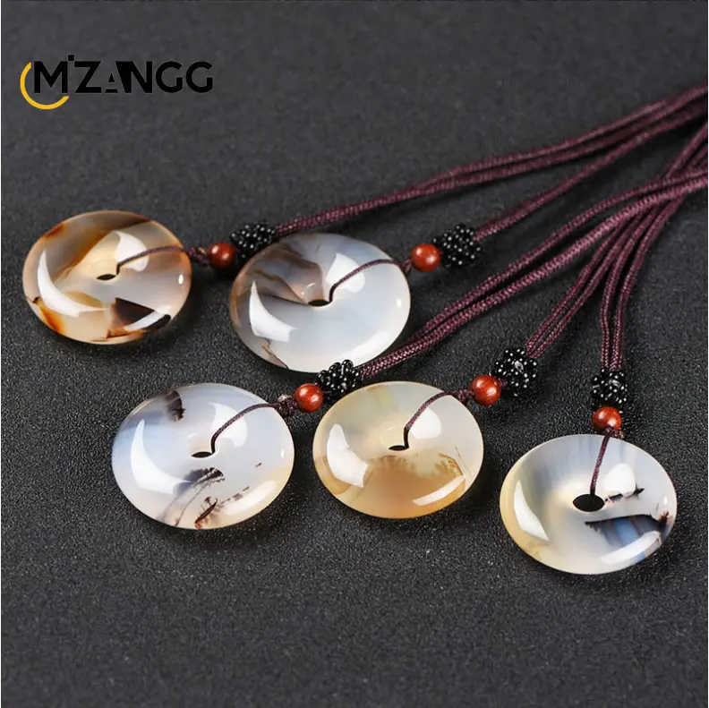 Agate Chalcedony Round Buckle Pendant Ice Species Marine Chalcedony Grass Flower Necklace Fashion Jewelry Lucky Amulet Gift