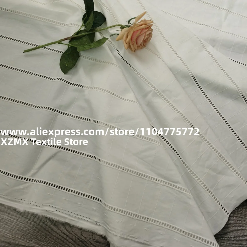 Stripe Hollow Eyelet Cotton Embroidery Fabric White Cutwork Cloth for Women Dress Garment DIY Sewing Decor
