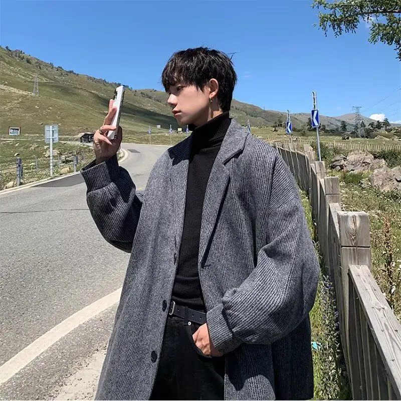 

Faionable Woolen Coat Men's Autumn Winter Loose Fit Casual Jaet Trendy Urban Sle Long Sve Single Button Closure Pure...