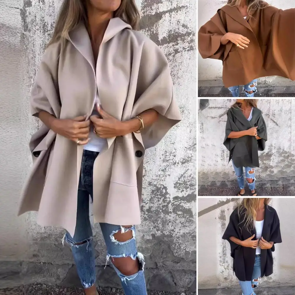 

Women Jacket Stylish Women's Cape Jacket with Hood Pockets for Fall Winter Solid Color Open Stitch Coat for Hiking Workout Loose