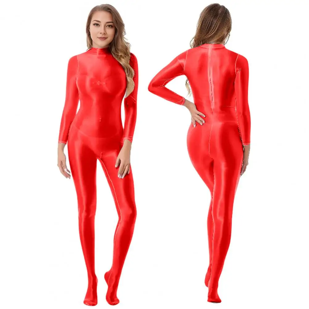 

Attractive Performance Outfit Shiny Long Sleeve Bodystocking Catsuit for Dance Practice Club Pole Dance for Surfing for Women