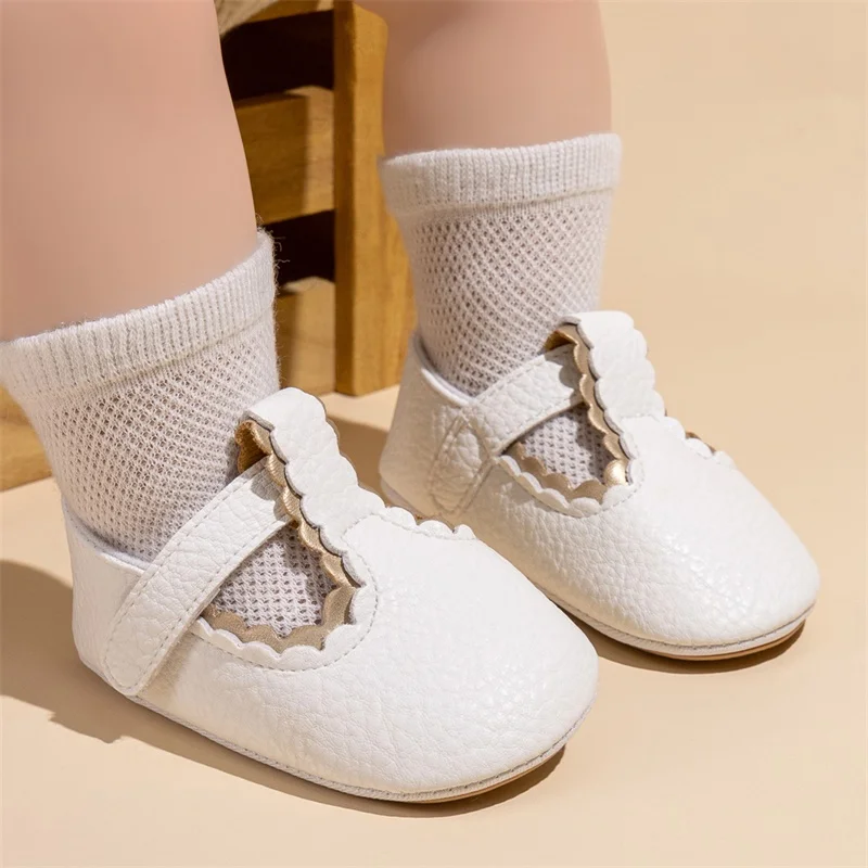 Baby Girl PU Leather Flats Shoes Solid Color Crib Shoes for Party, Festival, Baby Shower