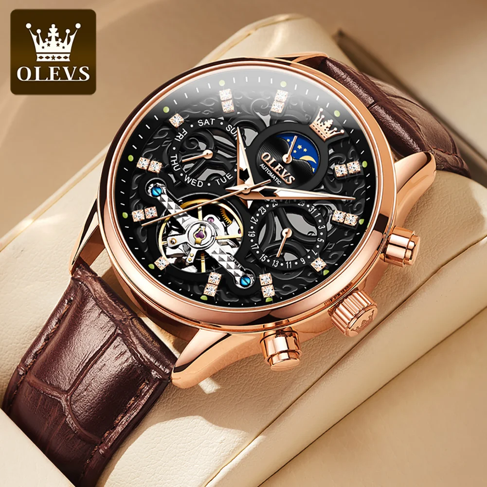 

OLEVS Brand Luxury Moon Phase Tourbillon Watch for Men Leather Strap Waterproof Luminous Mechanical Watch Relogio Masculino