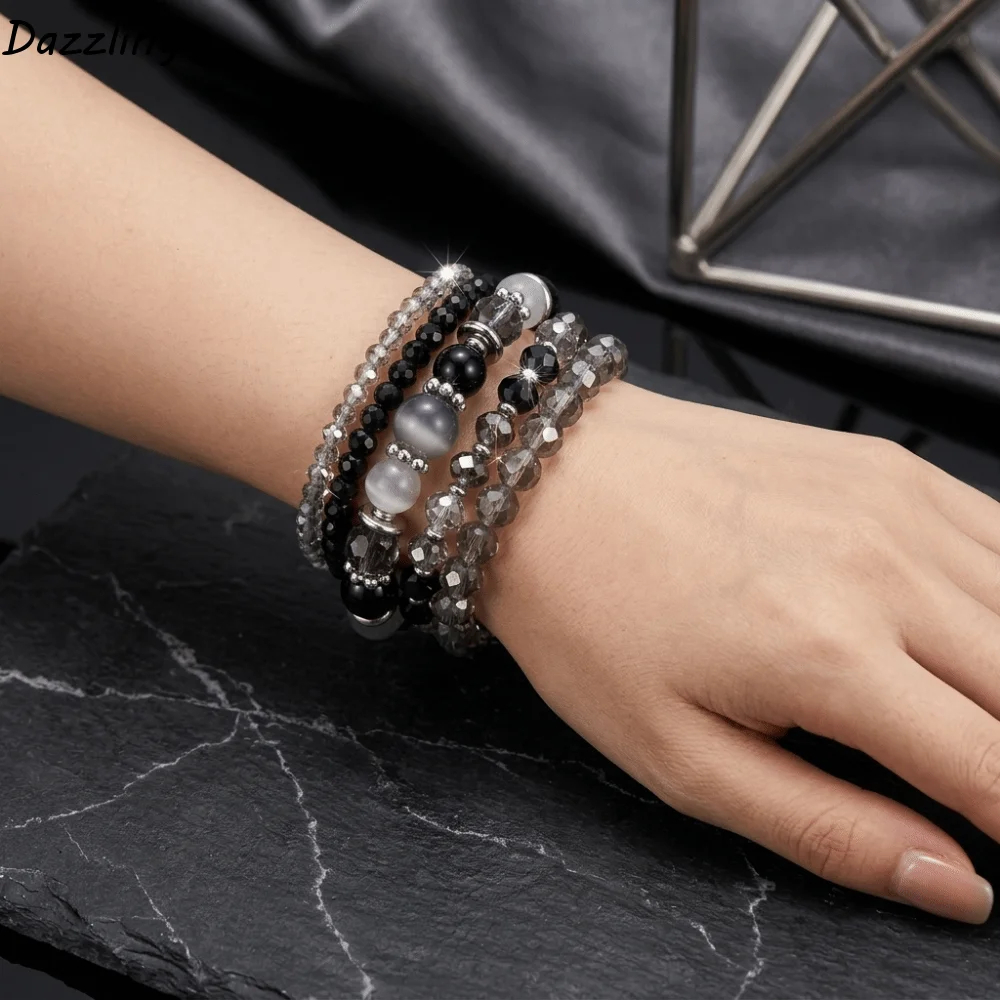 Elastic Stretch Layered Bracelet Glass Bead Faceted Stackable Bracelet Adjustable Bohemian Style Multi-Strand Bracelet