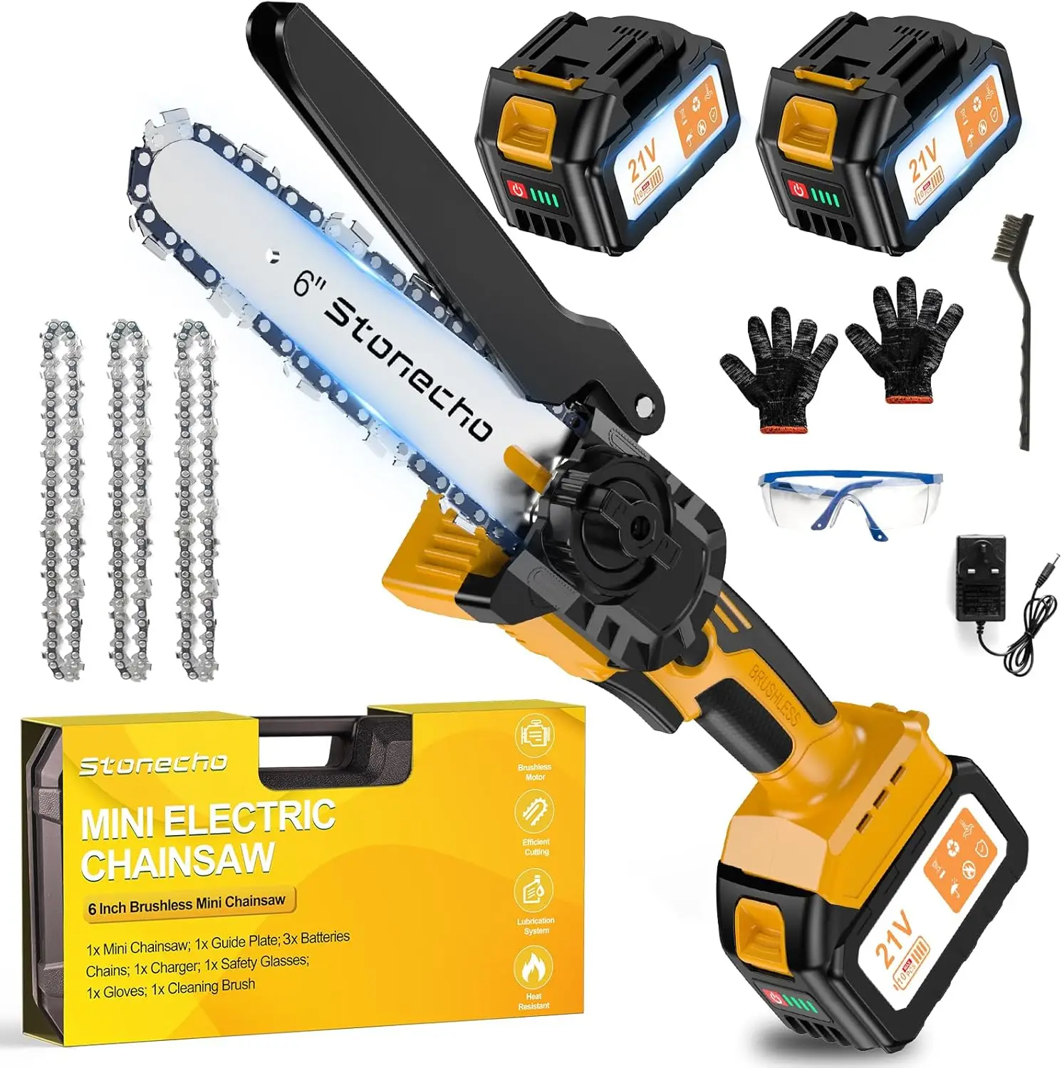 

Chainsaw Cordless 6 inch, Brushless Motor Mini Chainsaw, 8000mAh Battery Small Chainsaw, One-Handed Mini Chain Saw 3 Chains, Han