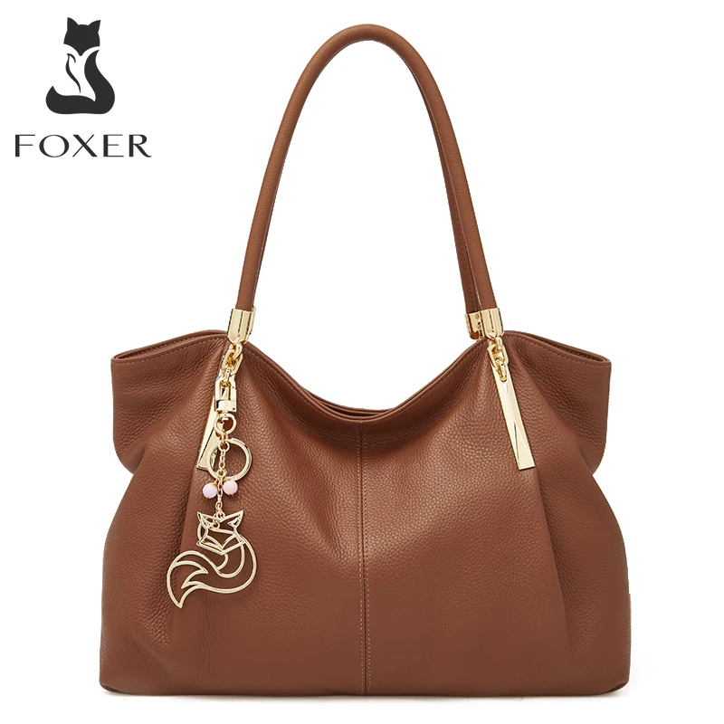 

FOXER Women's Genuine Leather Handbag Lady Large Capacity Cowhide Top Handle Bag Elegant Temperament Commute Female Shoulder Bag